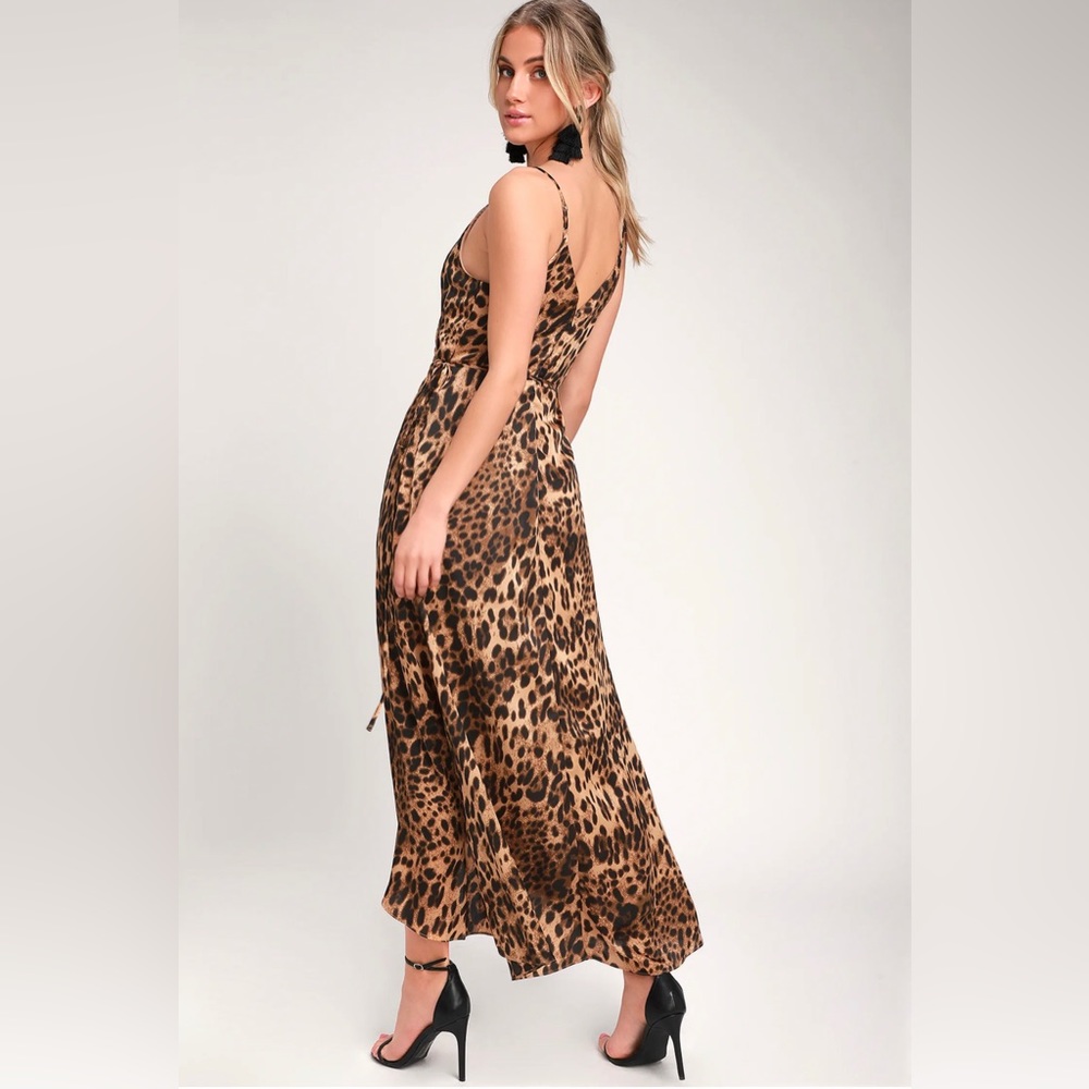 Lulus- Wildly Wonderful Leopard Print Satin Maxi Wrap Dress